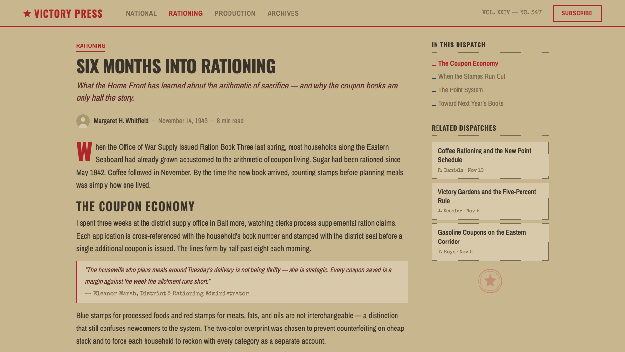 Wartime Ration Coupon design style applied to a Article page