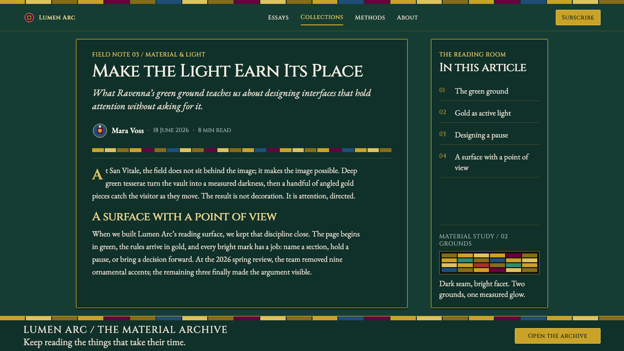 Ravenna Gold Mosaic design style applied to a Article page