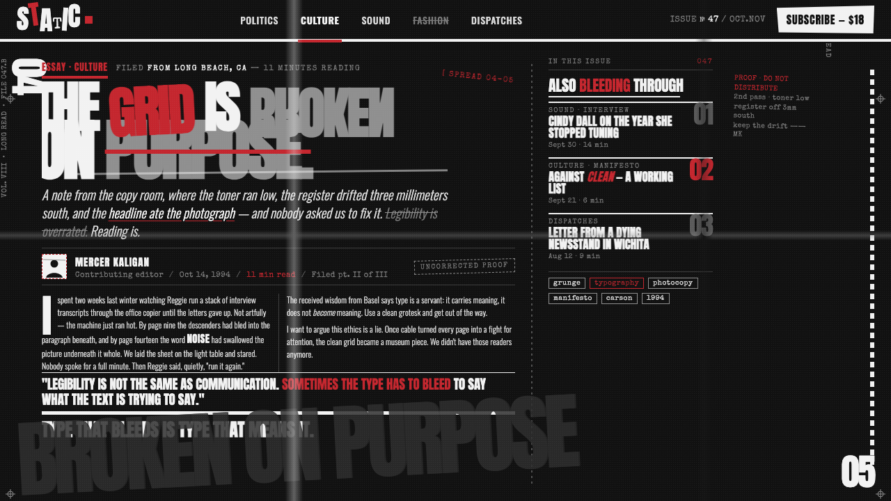 Ray Gun / David Carson design style applied to a Article page