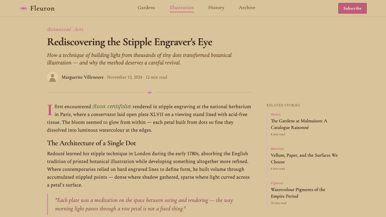 Redouté Botanical design style applied to a Article page