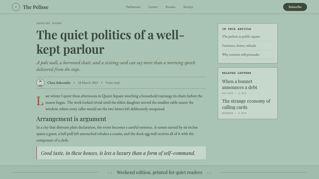 Regency England design style applied to a Article page