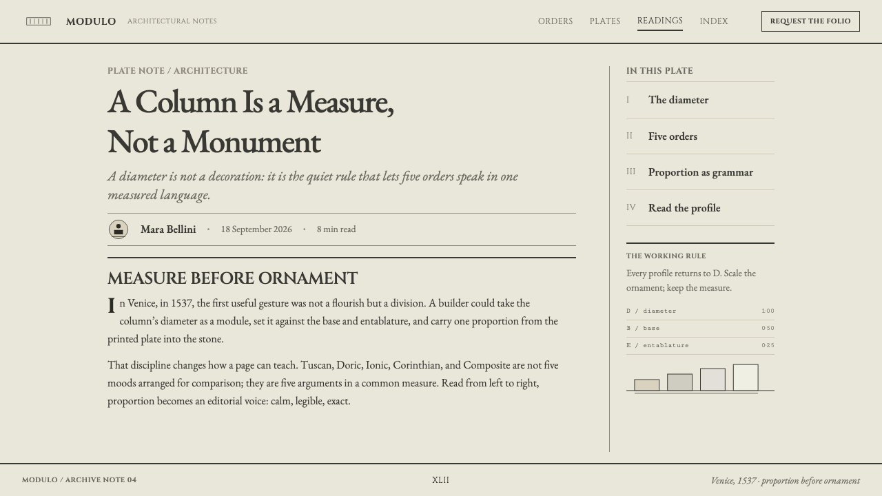 Serlio Architectural Orders design style applied to a Article page