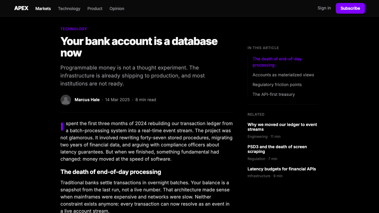 Revolut Black Finance design style applied to a Article page