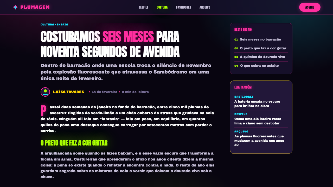 Rio Carnival Neon Feathers design style applied to a Article page