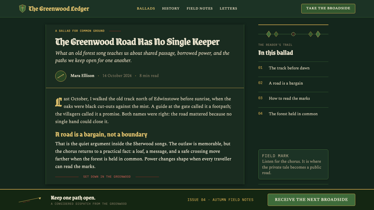 Robin Hood (Sherwood ballad) design style applied to a Article page
