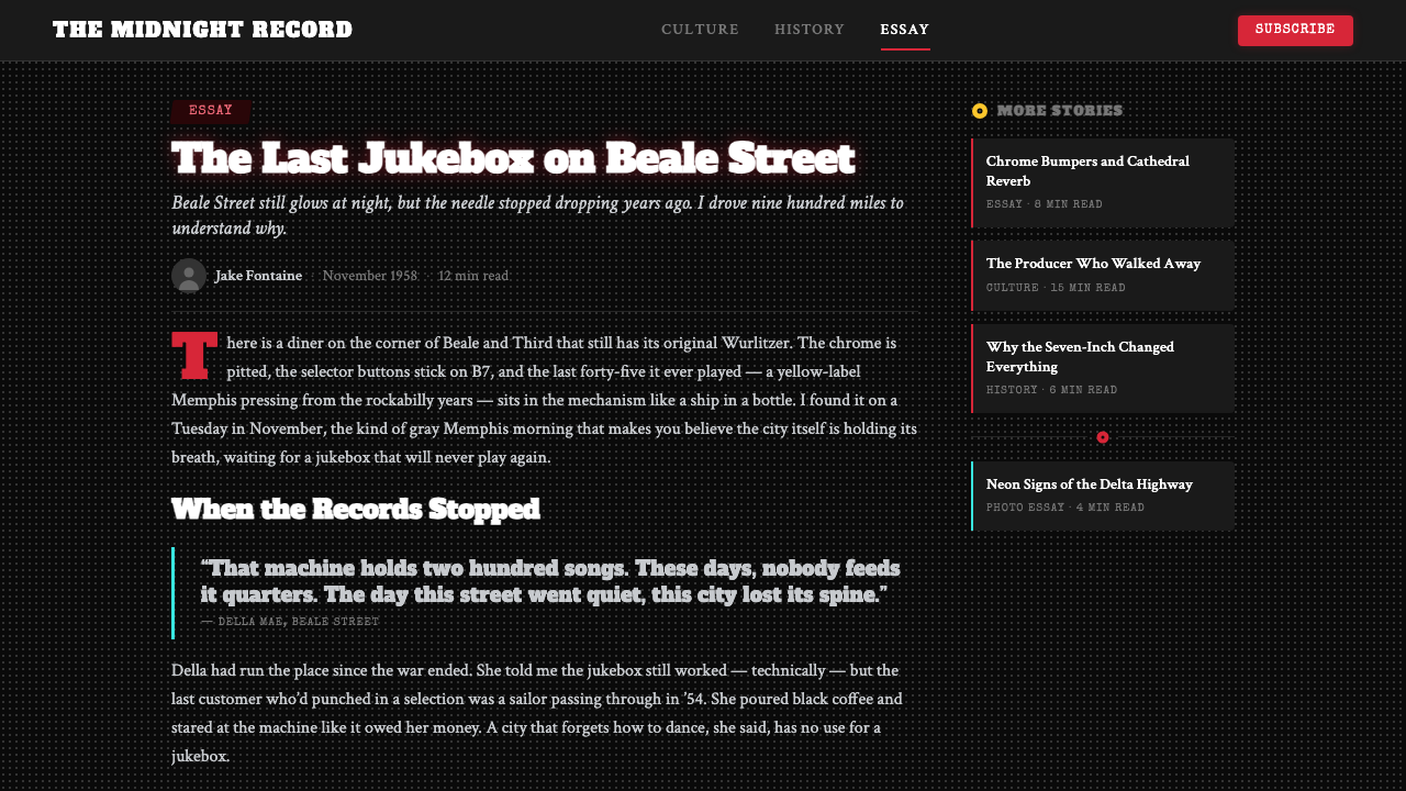 Rockabilly Greaser (1950) design style applied to a Article page