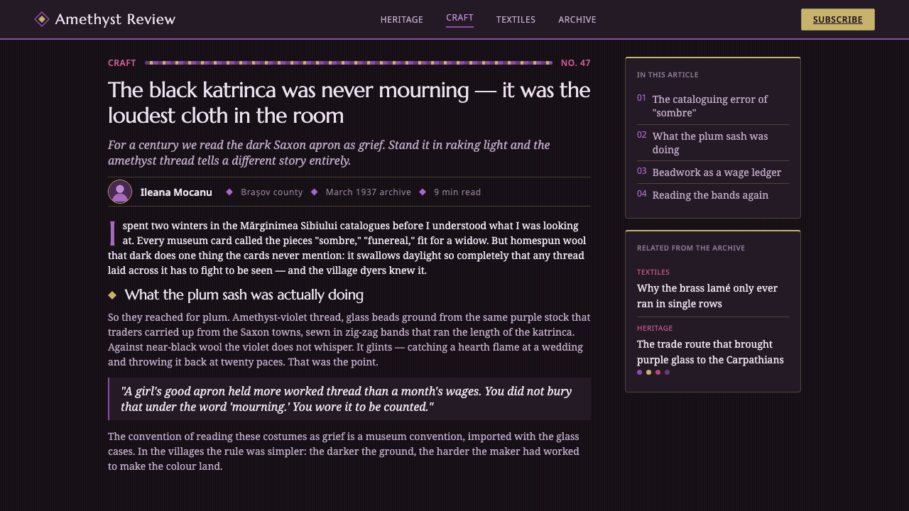 Romanian Folk Violet design style applied to a Article page