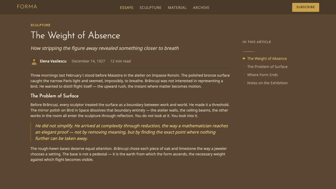 Brâncuși Sculpture design style applied to a Article page