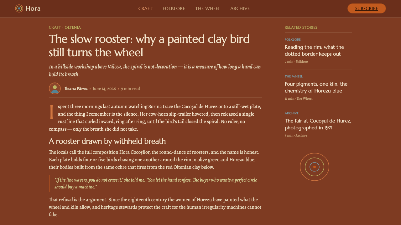 Horezu Ceramics design style applied to a Article page