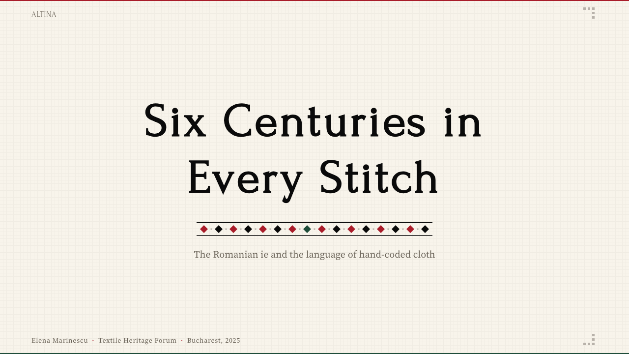 Romanian Ie (folk embroidered blouse) design style applied to a Slide · cover