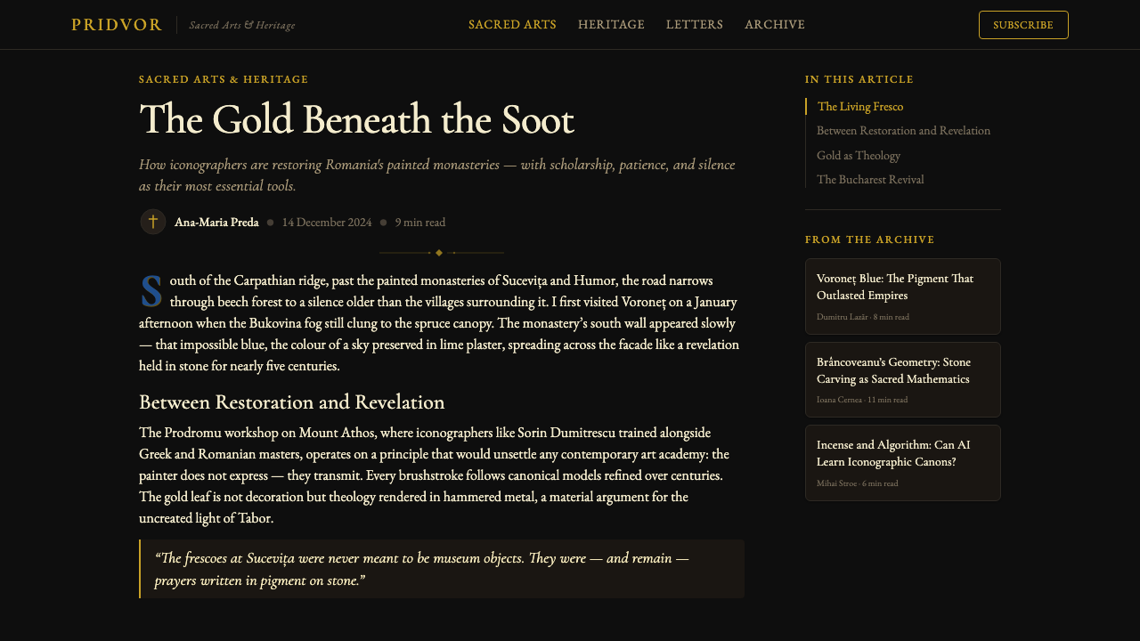 Romanian Orthodox Modern Revival design style applied to a Article page
