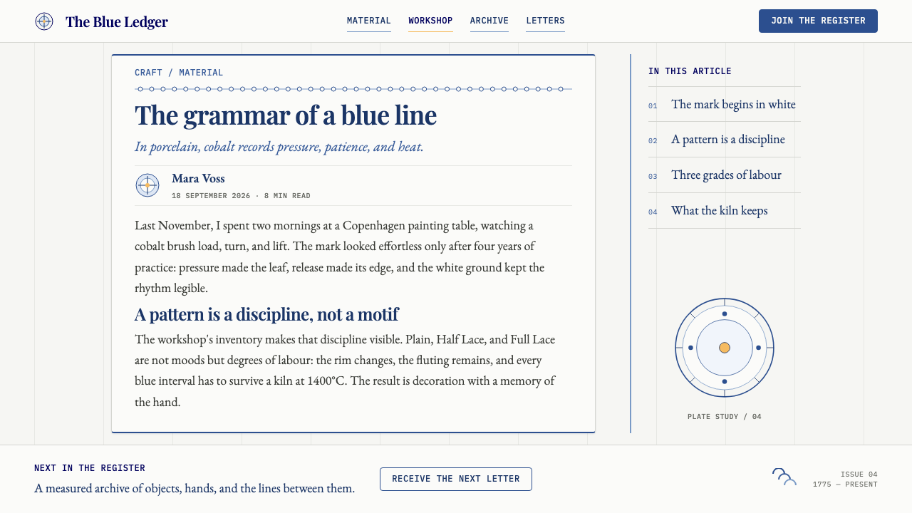 Royal Copenhagen Musselmalet design style applied to an Article page