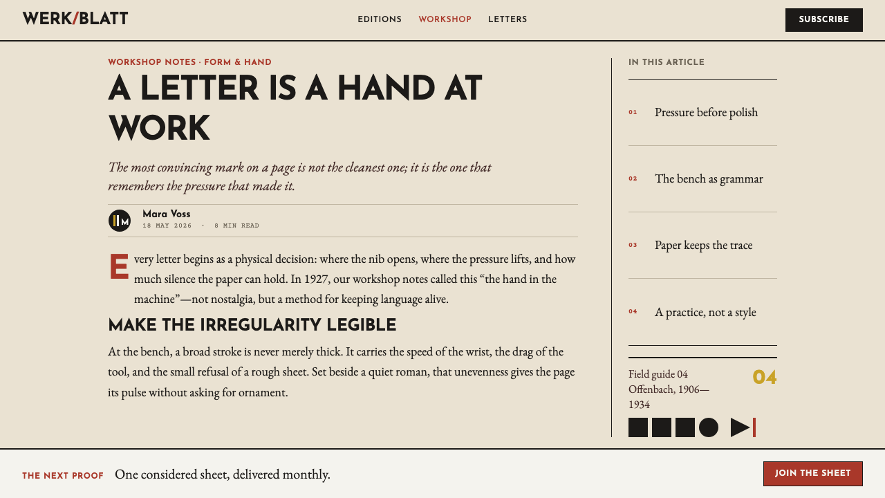 Rudolf Koch Lettering design style applied to a Article page