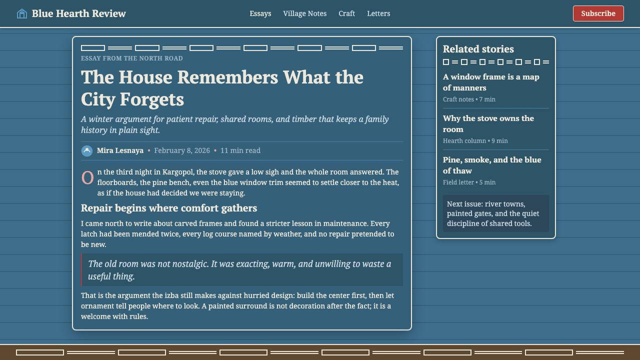 Russian Izba design style applied to a Article page