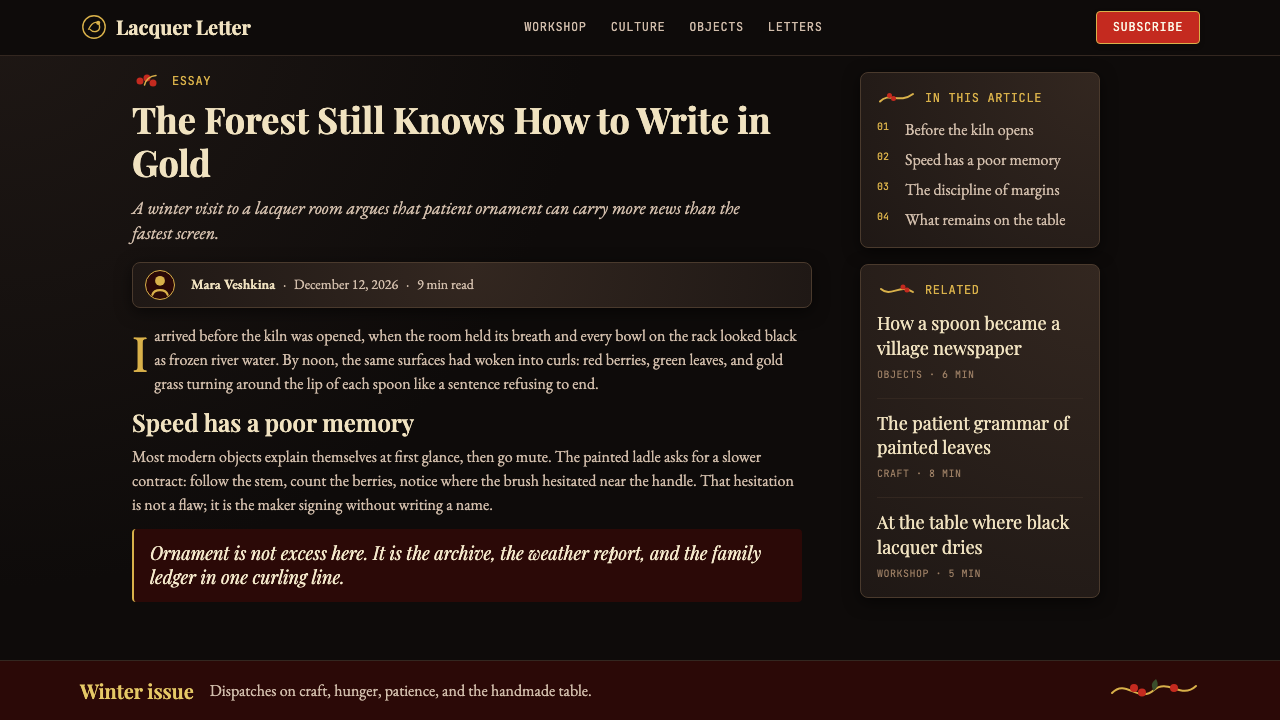 Russian Khokhloma Wood-Red Lacquer design style applied to a Article page