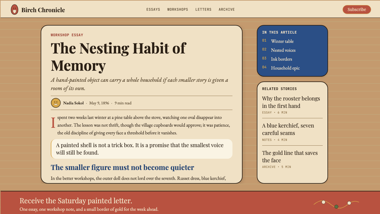 Russian Matryoshka 1890 design style applied to a Article page
