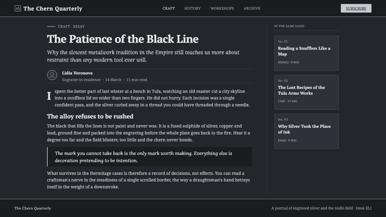 Tula Niello Silver design style applied to a Article page