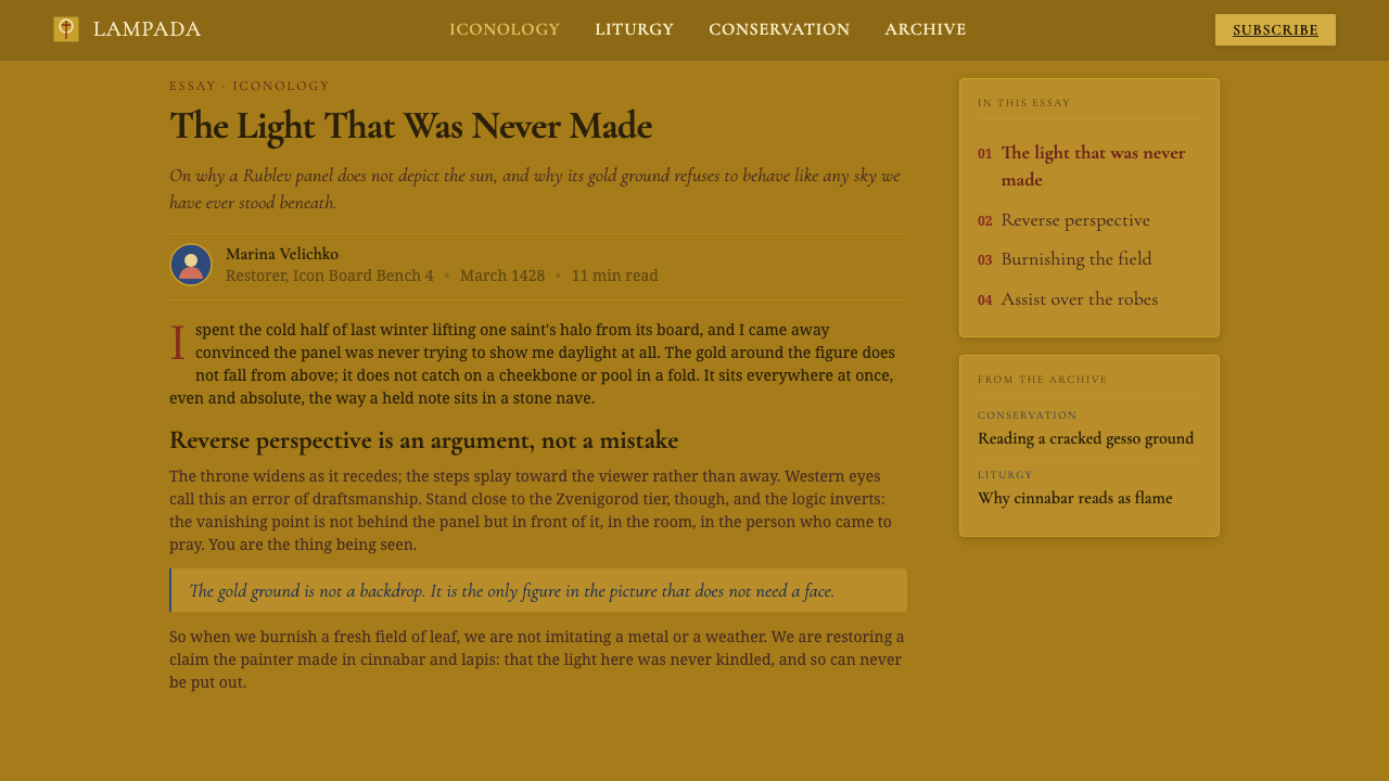 Russian Orthodox Icon (Rublev school) design style applied to a Article page