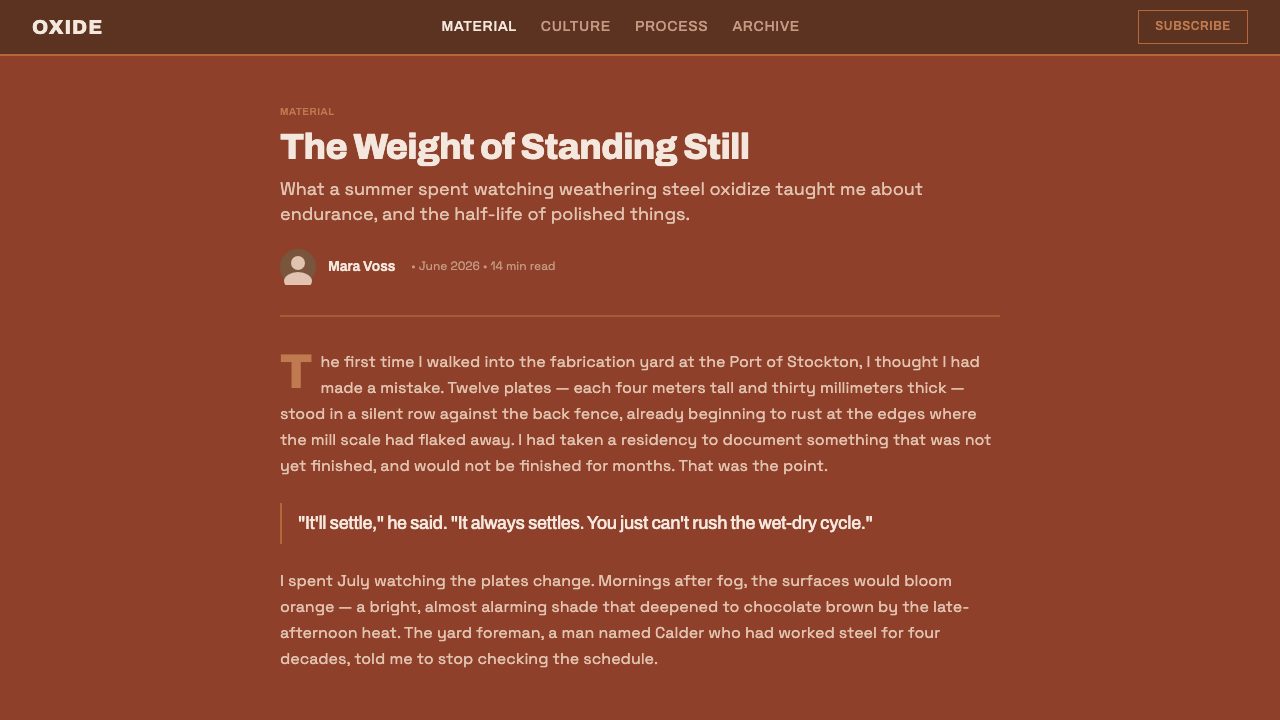 Corten Rust Sculpture design style applied to a Article page