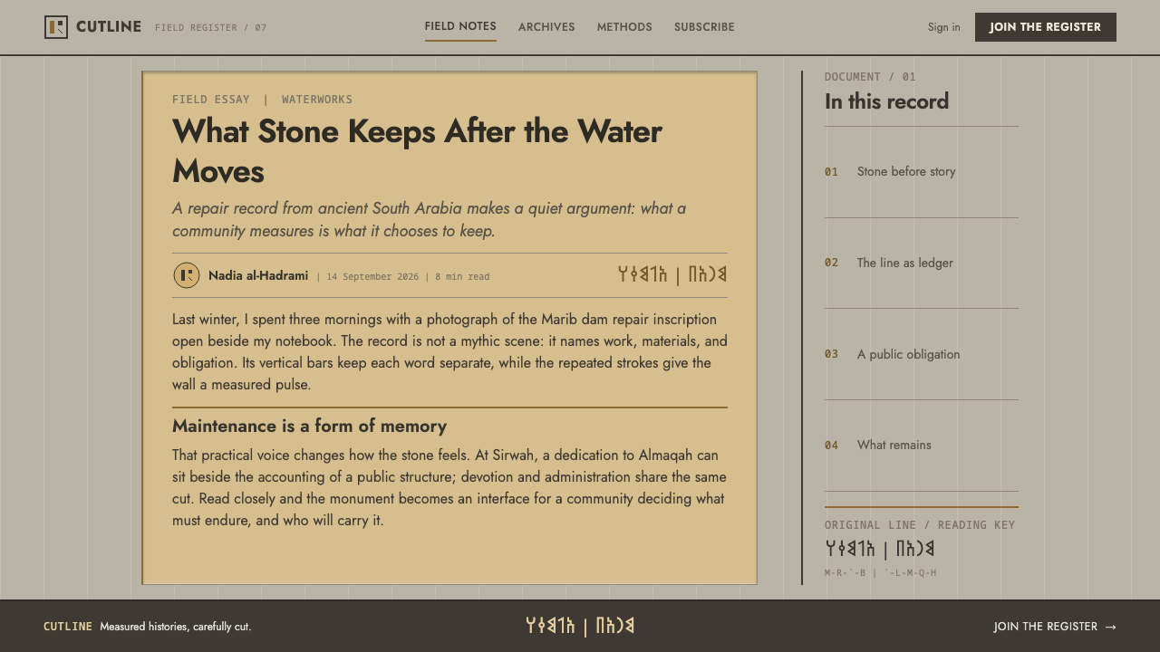 Sabaean Inscription design style applied to a Article page