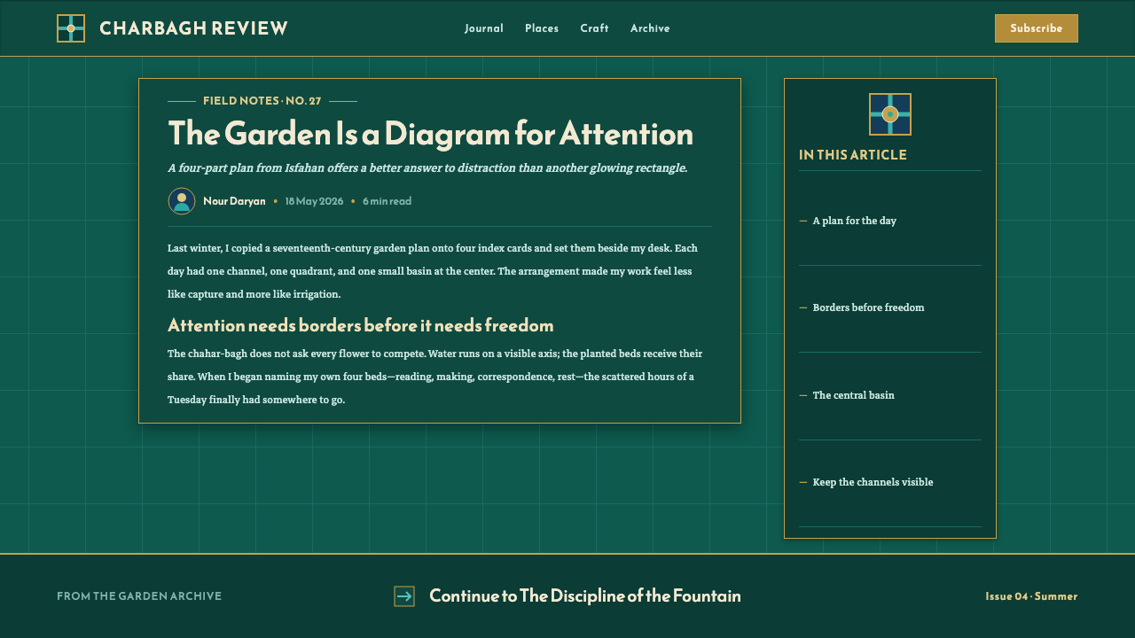 Safavid Charbagh Plan design style applied to a Article page