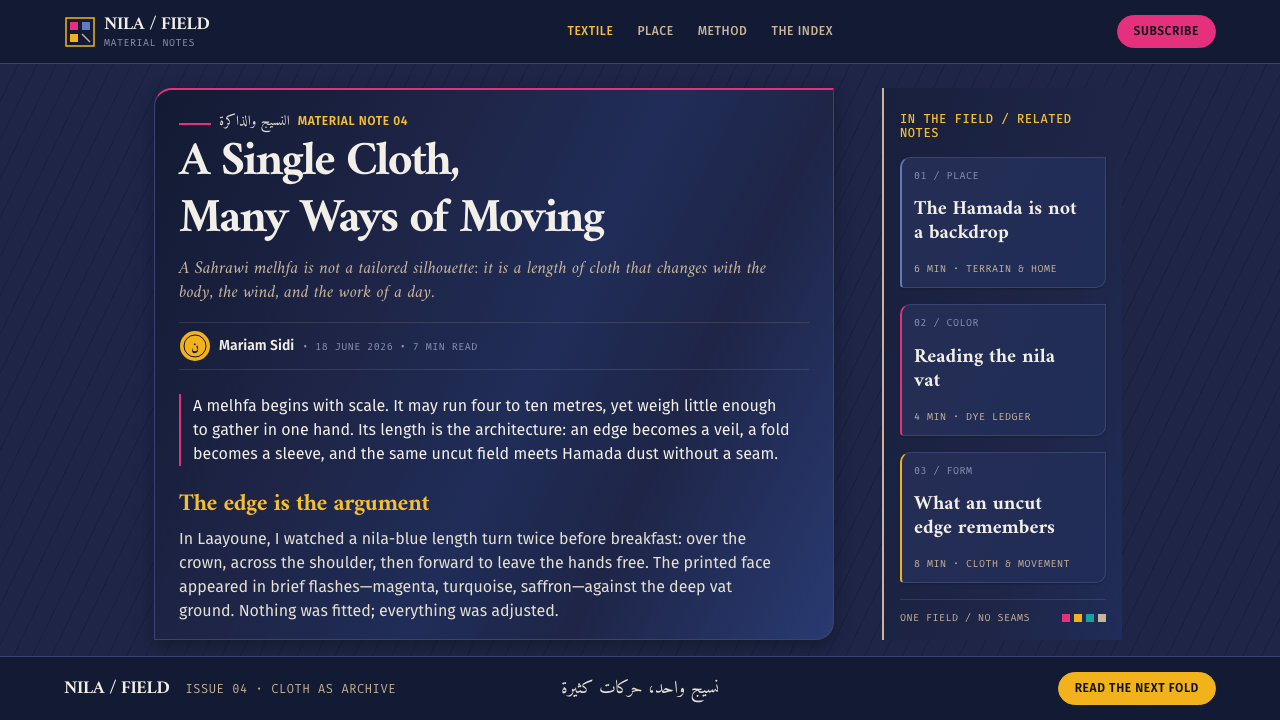 Sahrawi Melhfa design style applied to a Article page