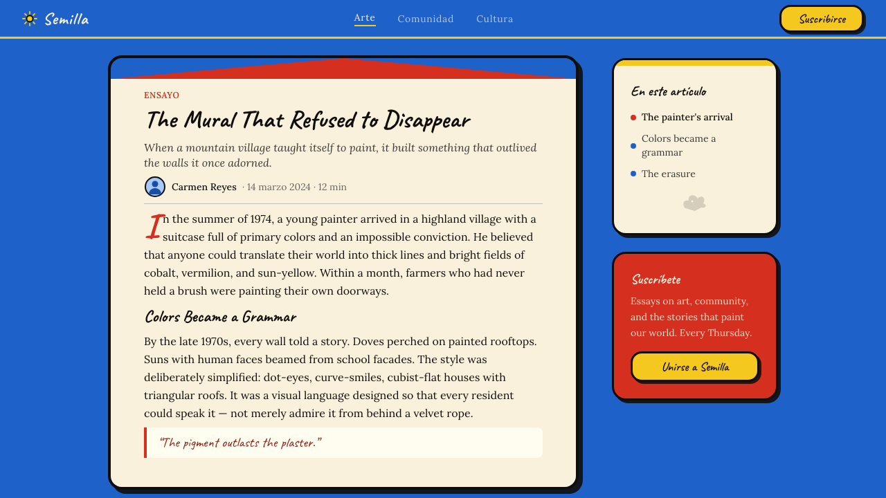 Salvadoran Fernando Llort Naïf design style applied to a Article page