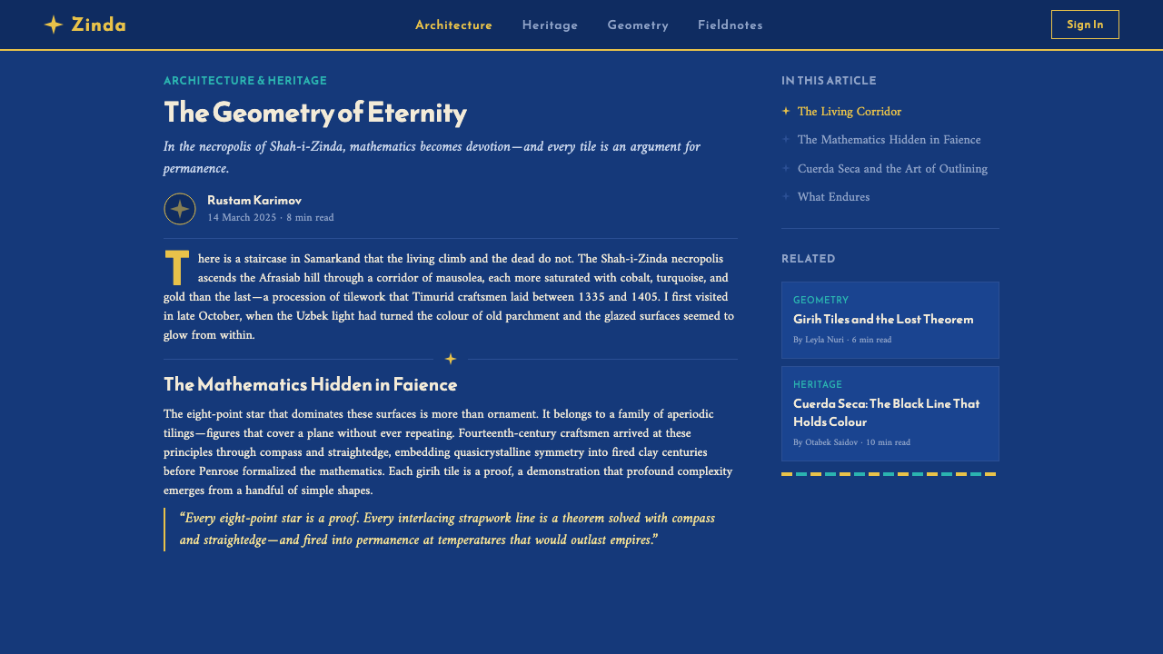 Samarkand Tilework design style applied to a Article page