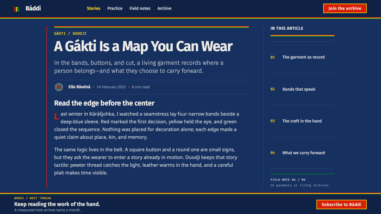 Sámi Gákti & Duodji design style applied to a Article page