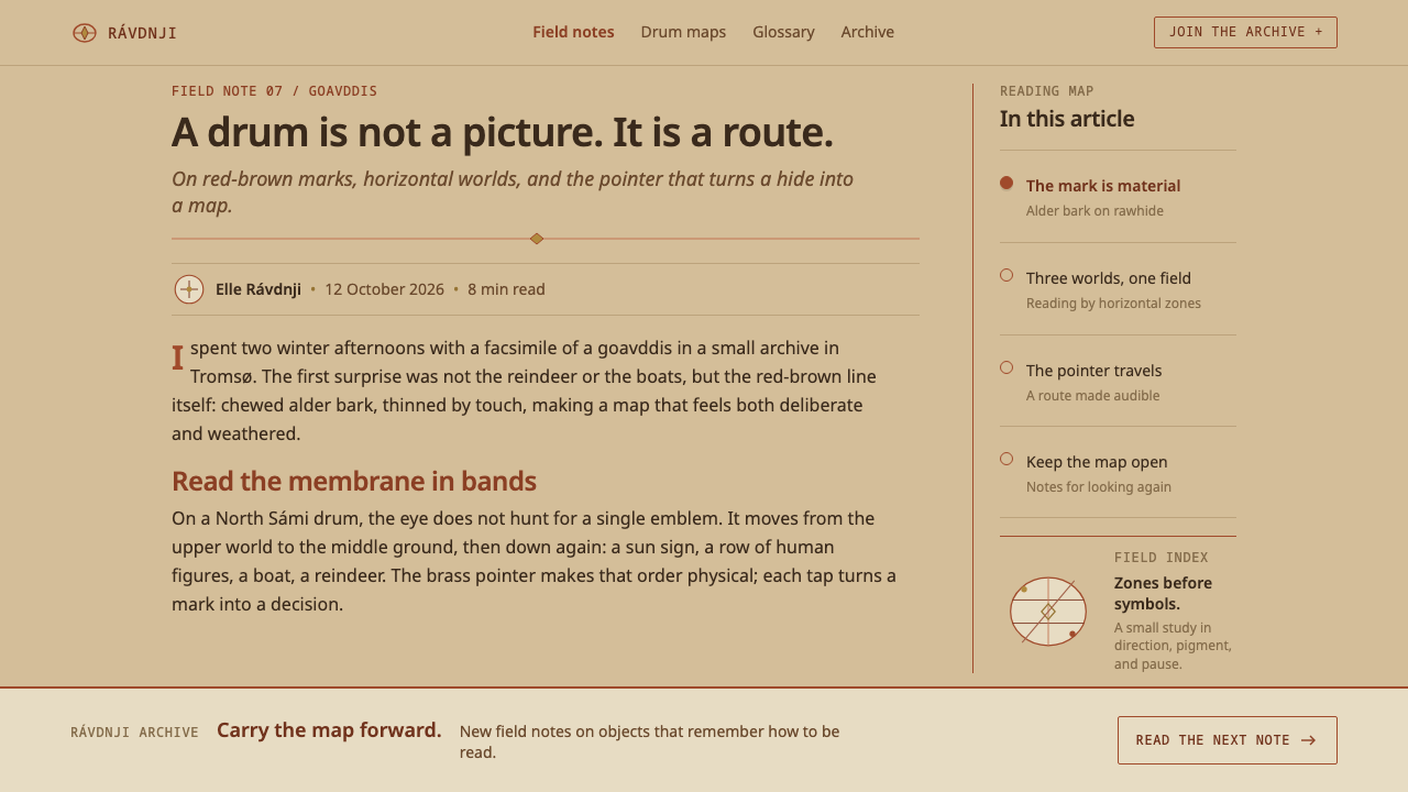 Sámi Drum Symbols design style applied to an Article page
