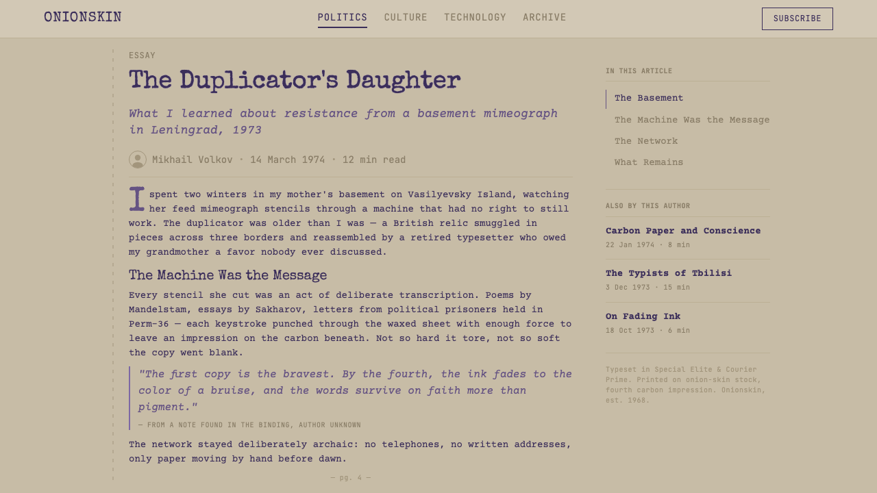 Samizdat Typewriter design style applied to a Article page