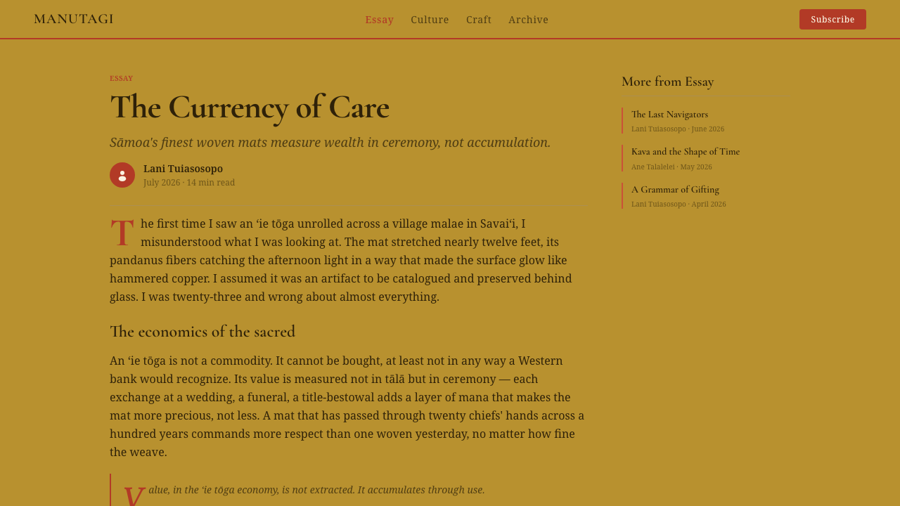 Samoan ʻIe Tōga Fine Mat design style applied to a Article page