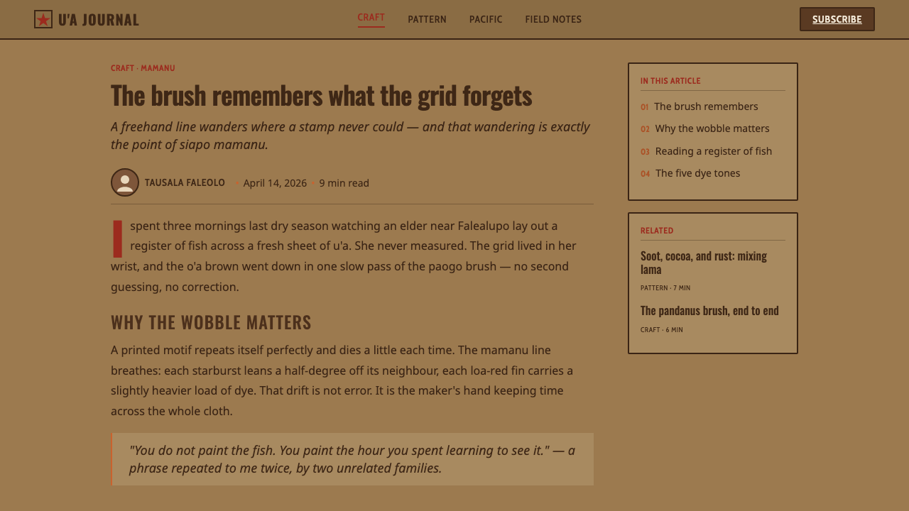Samoan Siapo Mamanu design style applied to a Article page