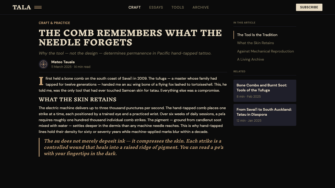 Samoan Tatau (Pe'a) design style applied to a Article page