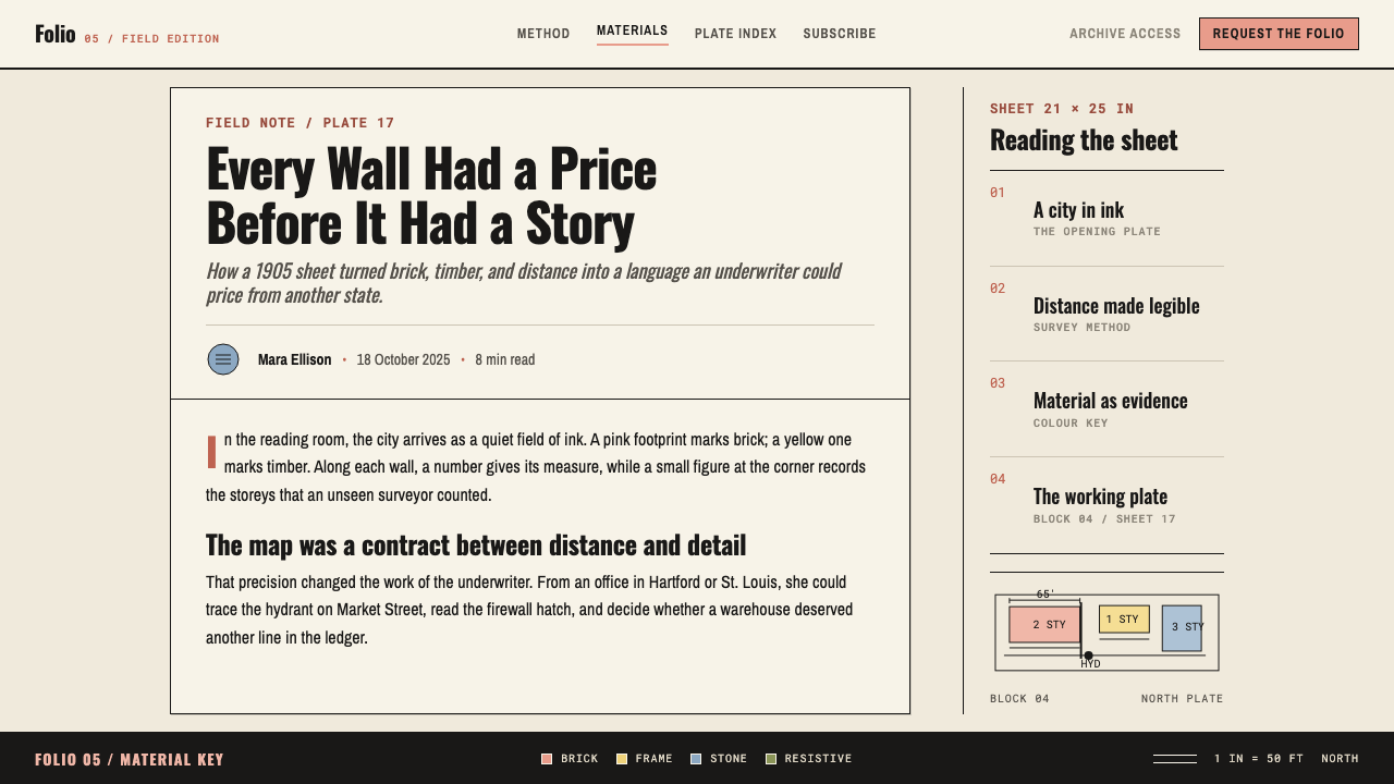 Sanborn Insurance Map design style applied to a Article page