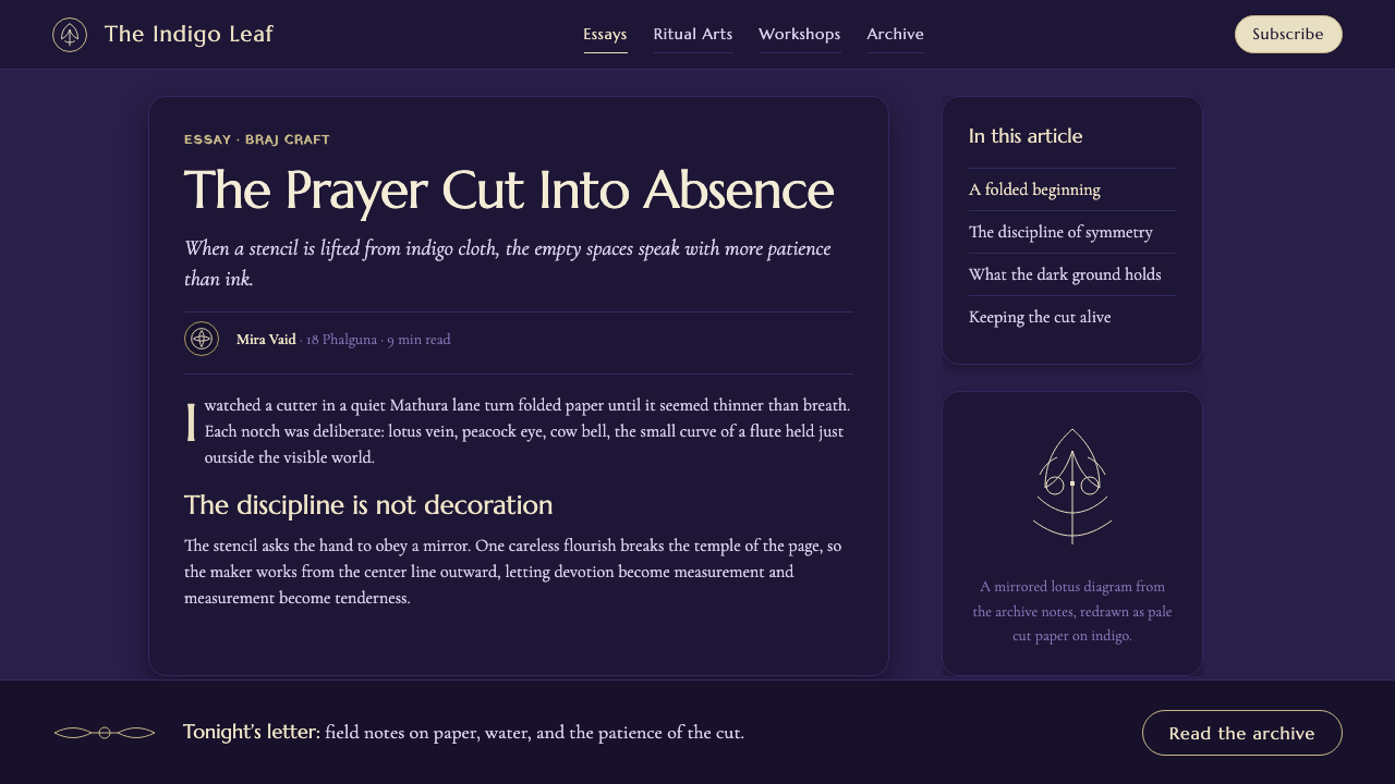 Sanjhi Paper-Stencil Mathura design style applied to a Article page