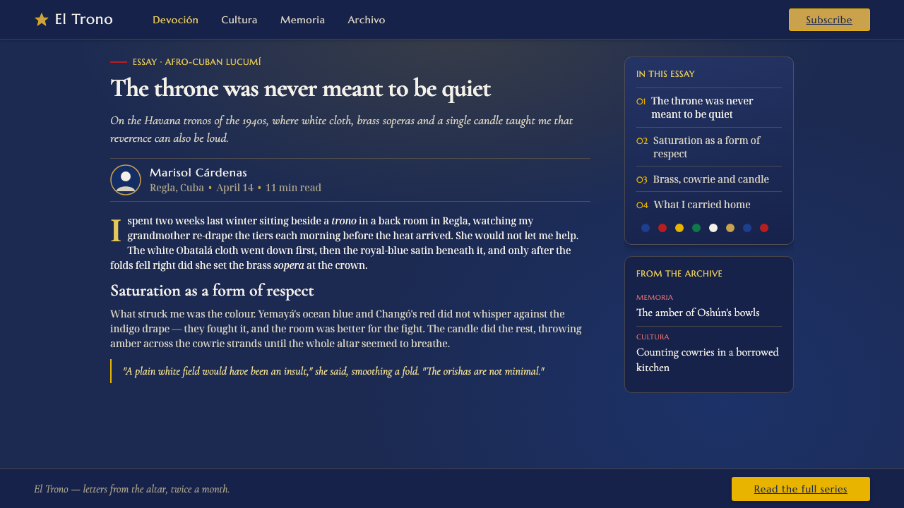 Santeria Altar Bembe design style applied to a Article page