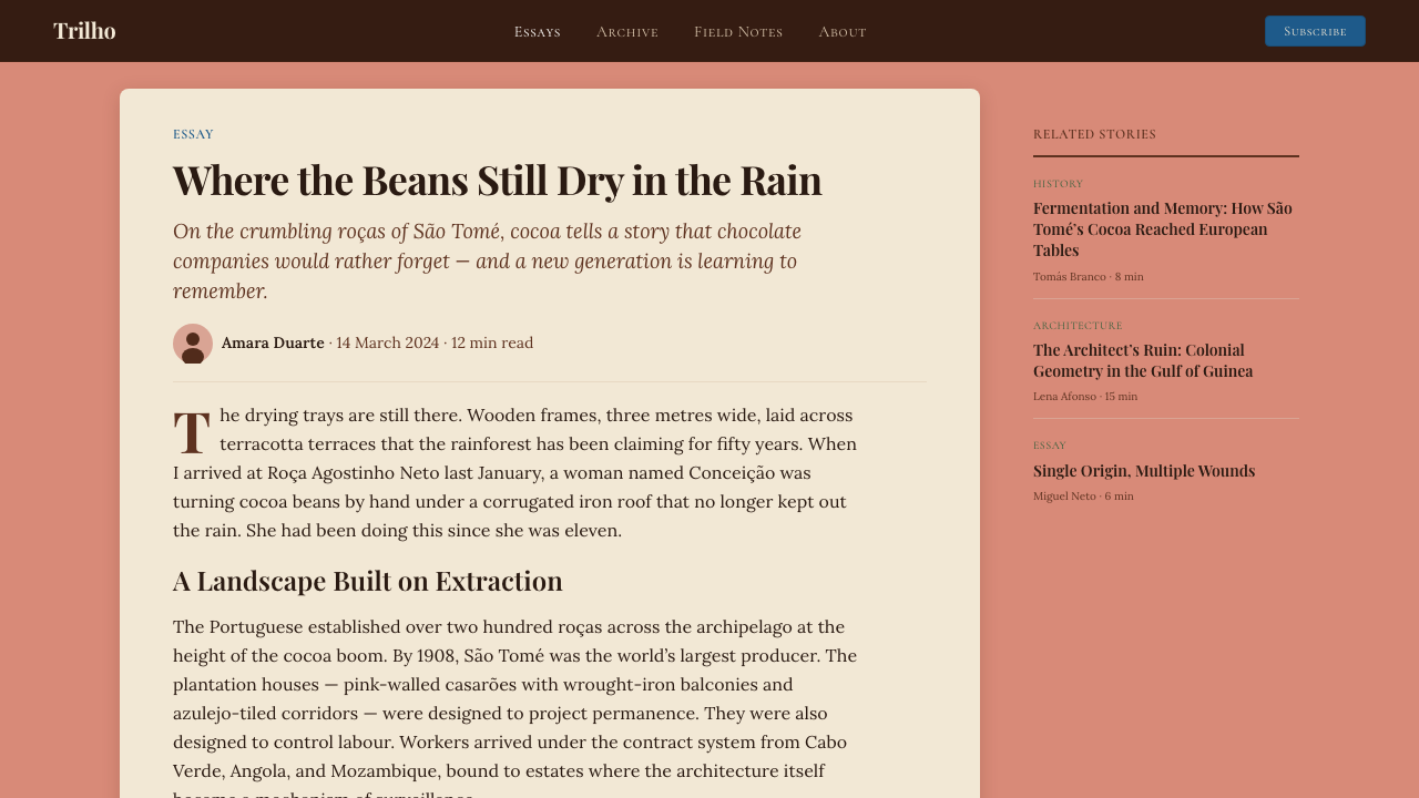 São Toméan Cocoa Roça design style applied to a Article page
