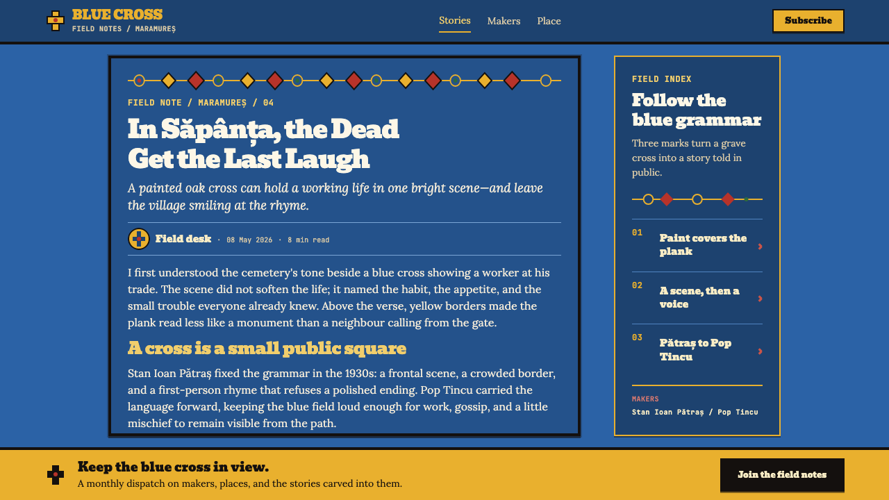 Merry Cemetery Săpânța design style applied to an Article page