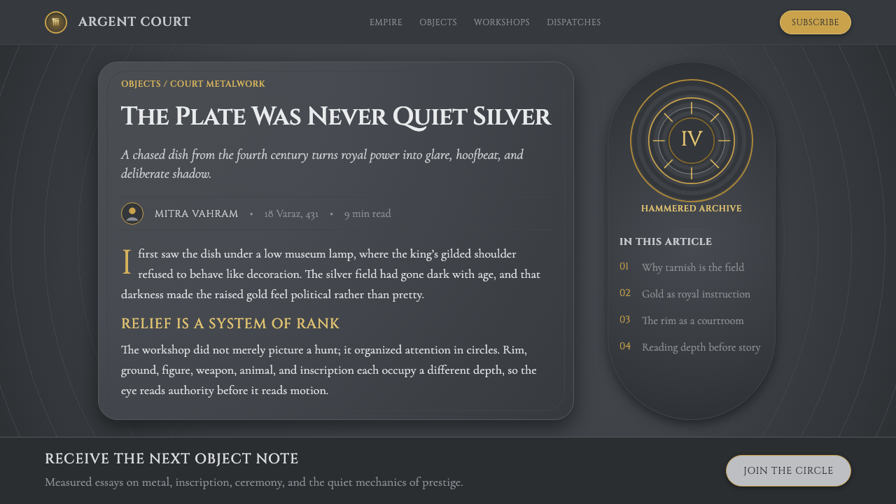 Sasanian Silver Plate design style applied to a Article page