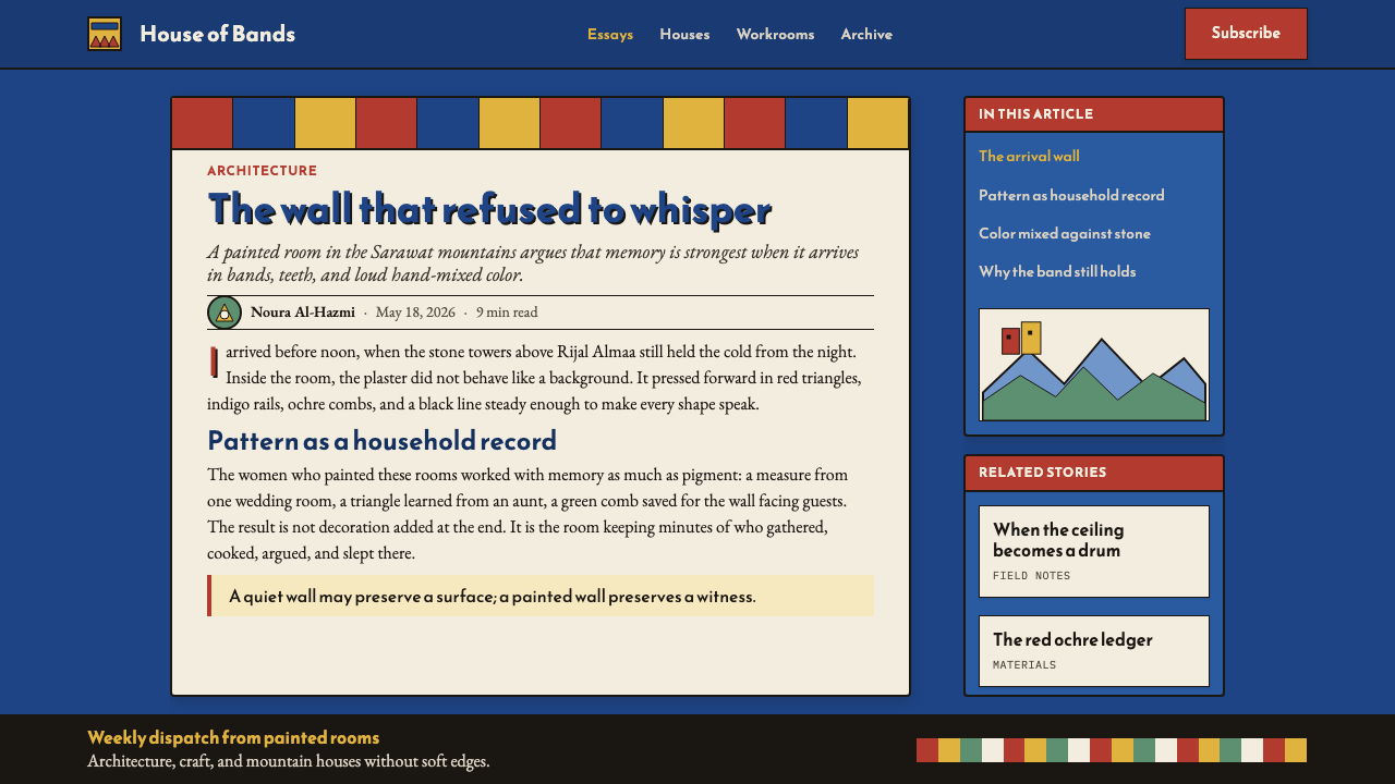 Saudi Asiri Qatt Wall Painting design style applied to a Article page
