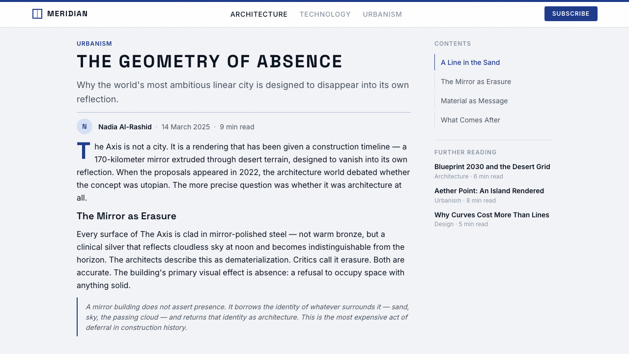 NEOM Mirror Futurism design style applied to a Article page