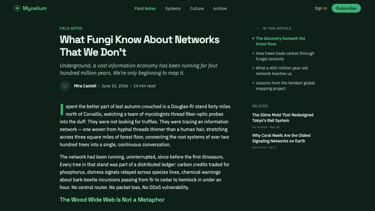 Scavengers Reign design style applied to a Article page