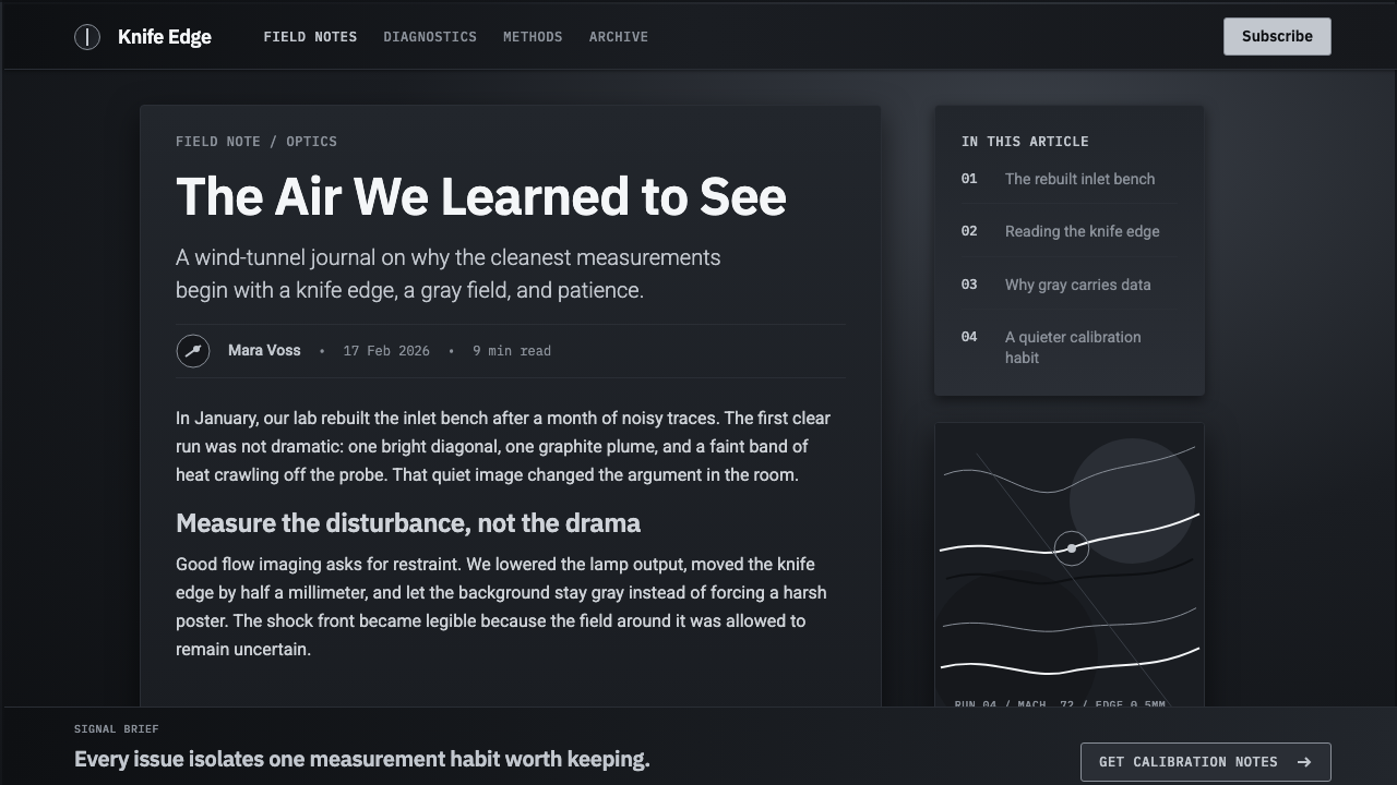 Schlieren Shadowgraph design style applied to a Article page
