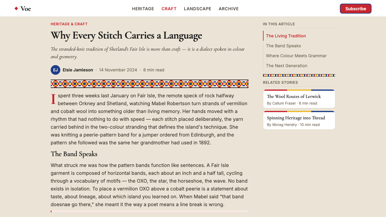 Scottish Fair Isle Knit Shetland design style applied to a Article page