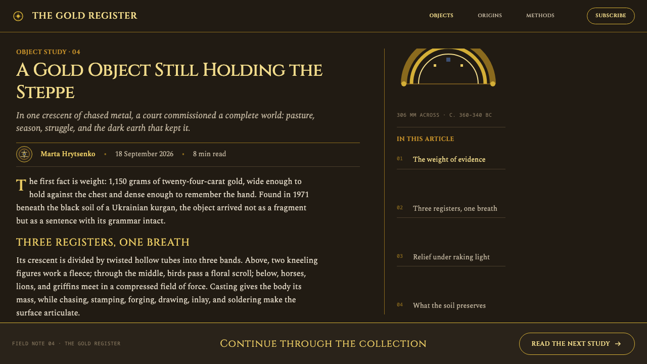 Scythian Gold design style applied to a Article page