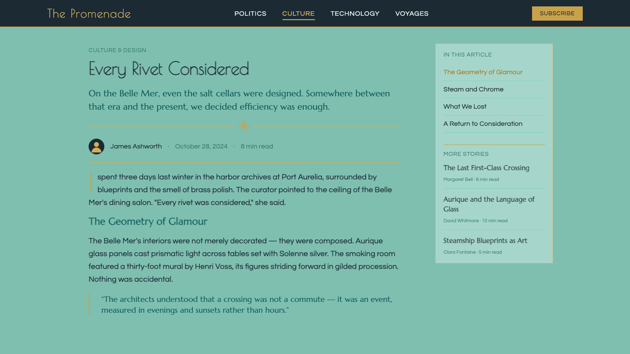 Ocean Liner Seafoam design style applied to a Article page