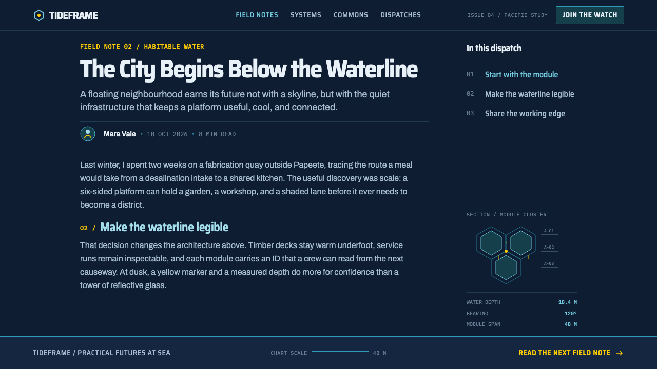 Seasteading Floating City design style applied to a Article page