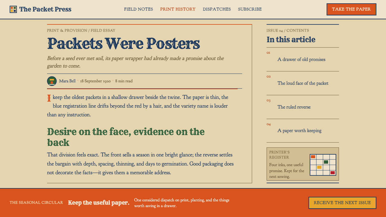 Seed Packet 1920 design style applied to a Article page