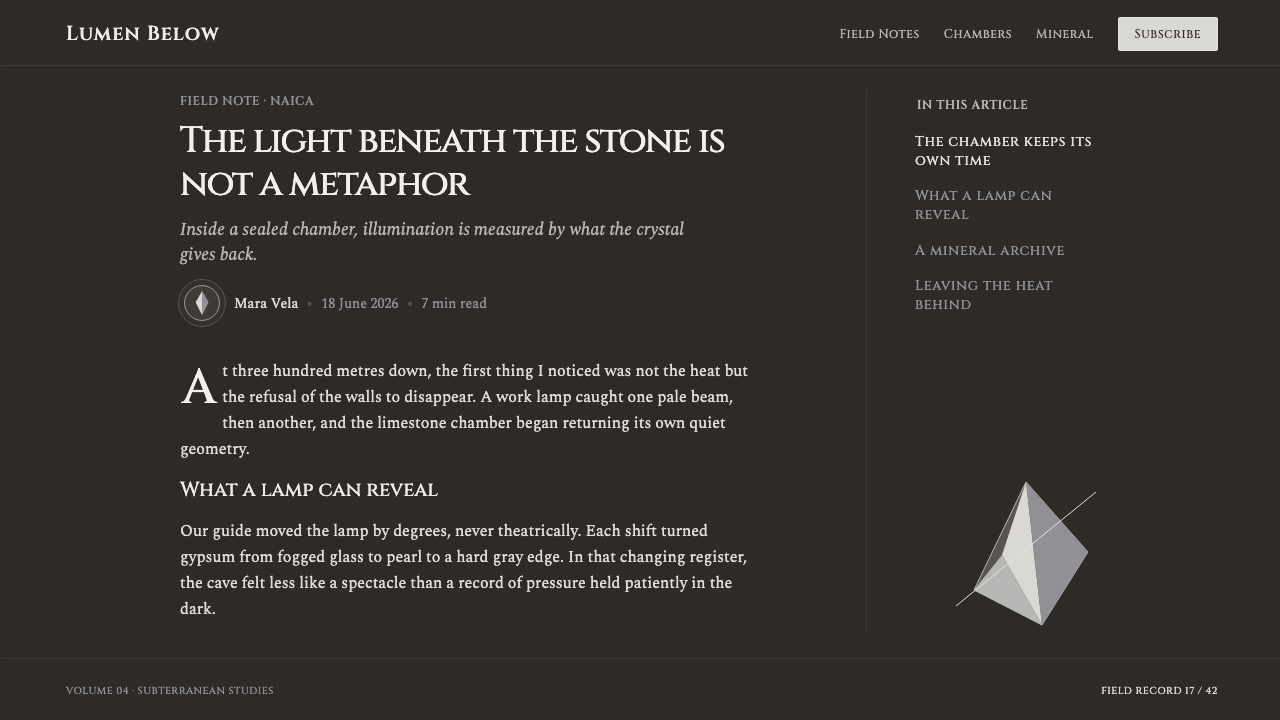 Selenite Crystal Cave design style applied to a Article page